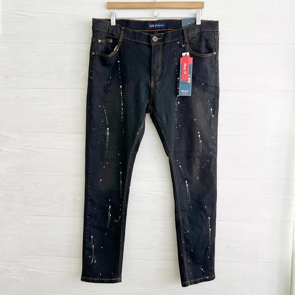 NWT Phat Farm - Black stretch skinny jeans white splatter paint, sz 38 x 30